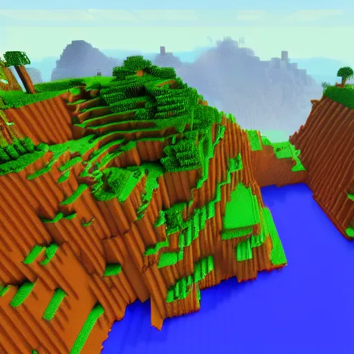 Image similar to a Minecraft world with mountains in the background