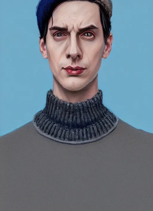 Image similar to portrait of jughead jones, wearing a grey crown, wearing a blue turtleneck sweater, eyes closed, intricate, elegant, glowing lights, highly detailed, digital painting, artstation, concept art, smooth, sharp focus, illustration, art by wlop, mars ravelo and greg rutkowski