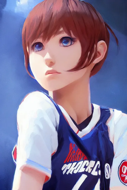 Image similar to A ultradetailed beautiful panting of a stylish girl wearing a basketball jersey, Oil painting, by Ilya Kuvshinov, Greg Rutkowski and Makoto Shinkai