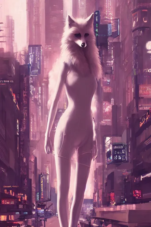 Image similar to beautiful portrait of a tall white female anthro fox smoking a cigarette towering head and shoulders above the bustling crowd of a rainy city street around her, sci fi bodysuit, cyberpunk, harsh neon lights, highly detailed, sharp focus, digital painting, illustration, trending on artstation, art by sakimichan, wlop, greg rutkowski