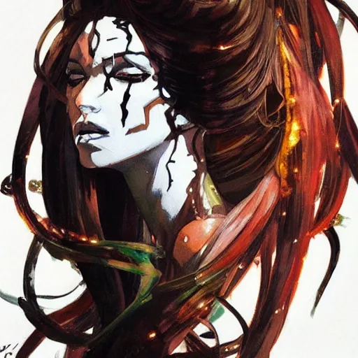 Image similar to a dramatic side portrait painting of a medusa. her face is covered by a veil, and light is glowing. art by yoji shinkawa and sandra chevrier, trending on artstation, award - winning, perfect composition.