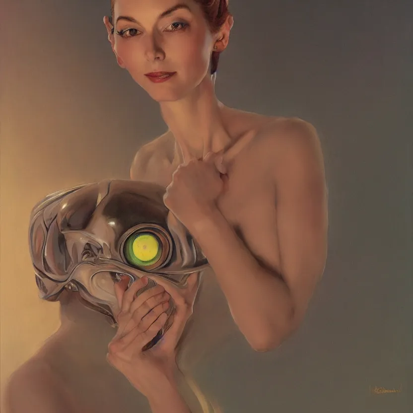 Prompt: portrait painting of an elegantly beautiful alien woman with big glowing eyes, by norman rockwell. muted colors, soft gradients. dark background. trending on artstation. retrofuturism.