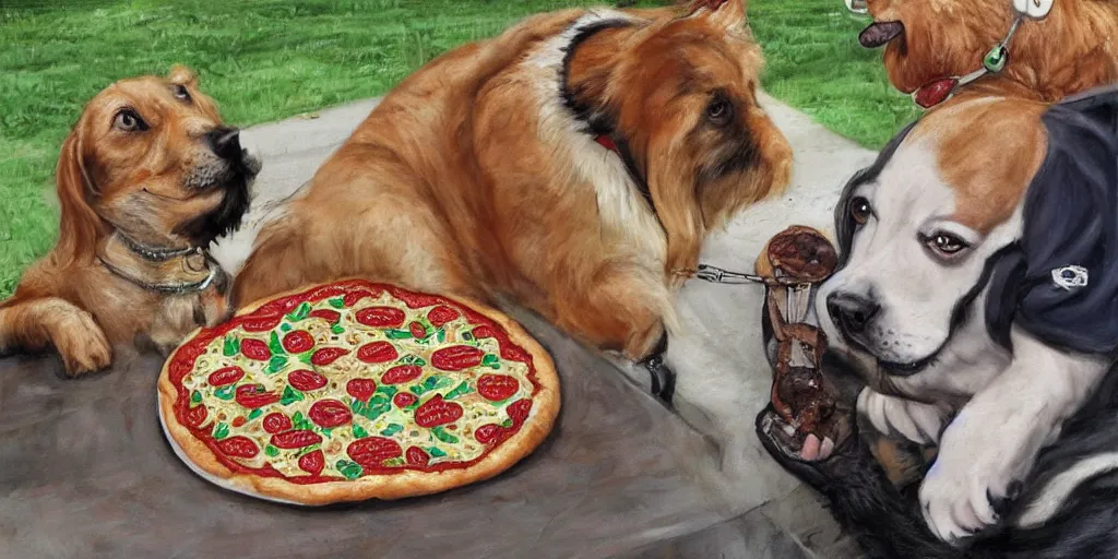 Prompt: a handsome dog the bounty hunter shares pizza with a furry, by wanda gag