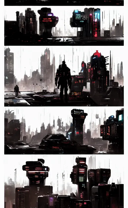 Image similar to Sci-Fi cyberpunk Comic page made up of art by the best artists Trending on Artstation. Paneling style by Bill Sienkiewicz. Octane render, Raytracing, 3d masterpiece, fantastic lighting by James Gurney. Noir detective genre.