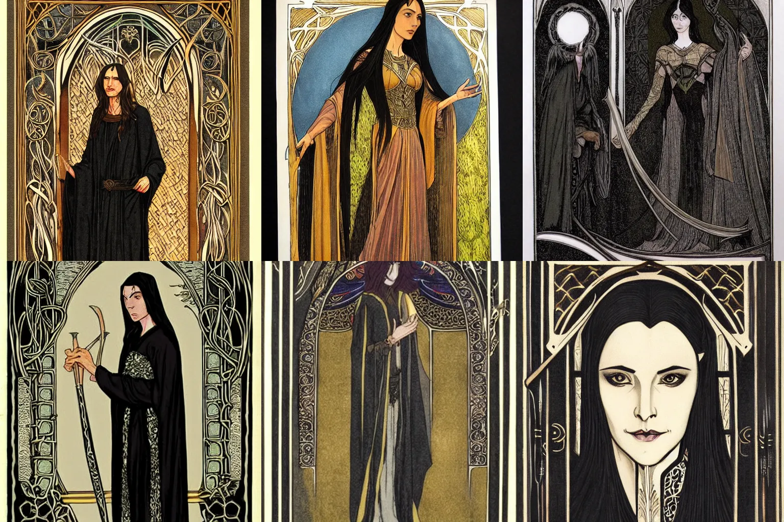 Prompt: silwe, high elf jewelsmith, noldor, black haired, dark robes, lithograph, art nouveau