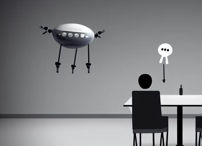 Prompt: A business meeting room. there are 2 people in the room. the first is a severed human head. flying human head. The head is Hovering with no body. the second person is the room is a Robot.
