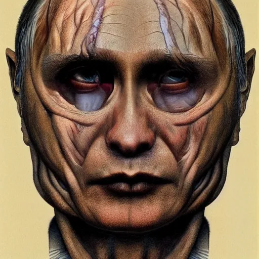 Image similar to Bodyhorror portrait by H.R.Giger of Vladimir Putin who became a degenerate horror Abomination, photo-realistic, color image, 2K, highly detailed