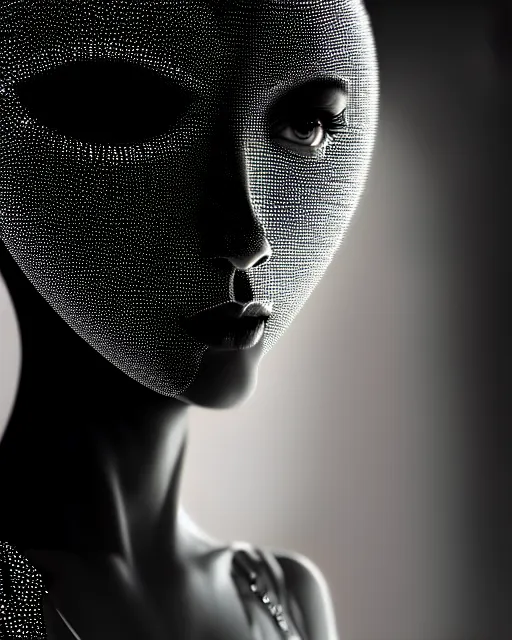 Prompt: black and white high quality photo of a beautiful futuristic dancing female human-queen-insect-cyborg looking into a sci-fi mirror:: volumetric lighting, liminal space, brutalism, foggy, dreamy, hyperdetailed, bokeh, photorealistic, cinematic, masterpiece, Metropolis, elegant, dark, octane render, 8K, by Man Ray in the style of Dora Maar