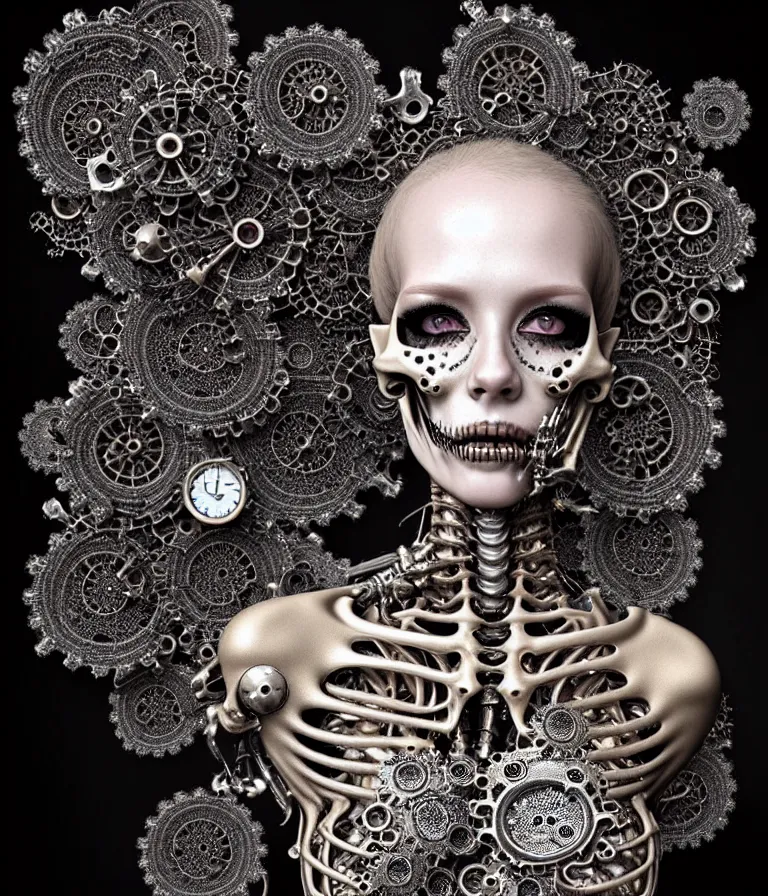 Prompt: highly detailed photo portrait of complex bio-mechanical beautiful young female undead skeletal cyborg with a Mandelbrot fractal steampunk metal fine lace face, retrofuturistic depressing hopeless horrific vibe, radiating dark energy aura, curled silver hair and a fine metal floral foliage super big lace collar by Alexander McQueen:: high fashion, haute couture, rococo, steampunk, silver filigree details, anatomical, facial muscles, cable wires, microchip, elegant, hyper realistic, 150 mm lens, soft rim light, octane render, unreal engine, volumetric lighting, 8k, muted reflective metallic coloring, sharp focus