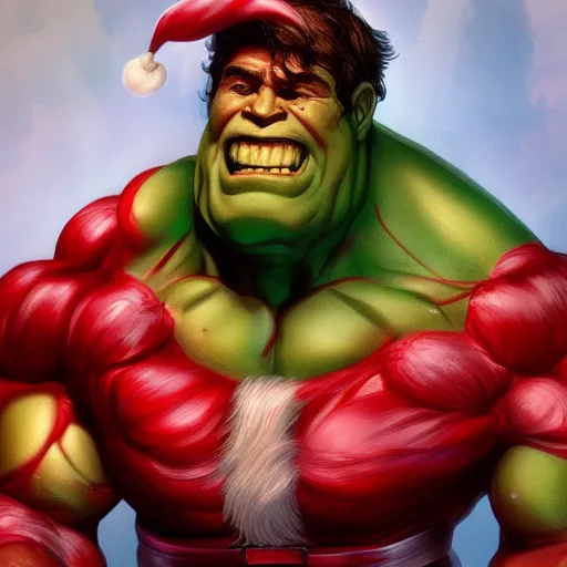 Image similar to Santa Claus is The Hulk, hyperdetailed, artstation, cgsociety, 8k