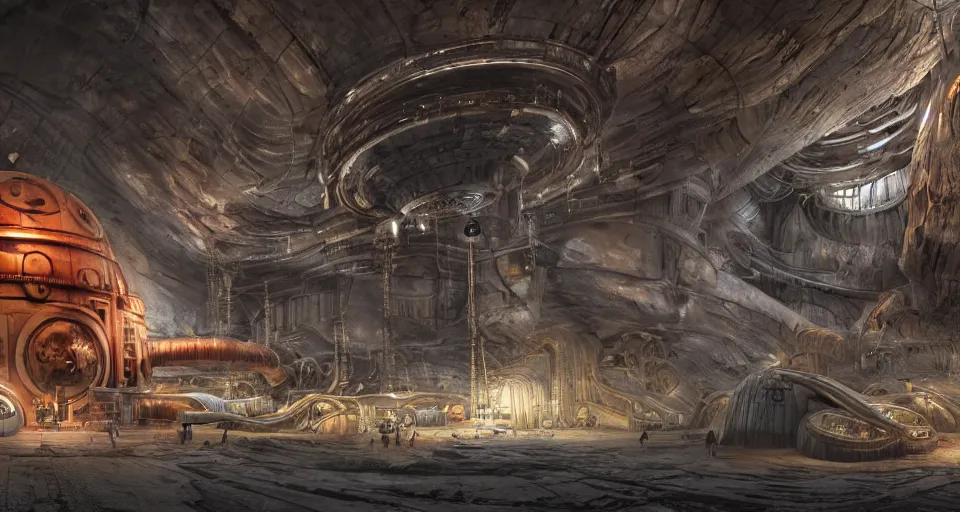 Prompt: a gigantic cave interior with bulbous planetarium interior of the matrix nebuchadnezzar biomechanical, 3d rendered steampunk, iron smelting pits, high tech industrial and maschinen krieger, warm saturated colours, mri machine millennium falcon space-station Vuutun Palaa with massive piping inspired by a nuclear reactor submarine, ilm, beeple, star citizen halo, mass effect, starship troopers, elysium