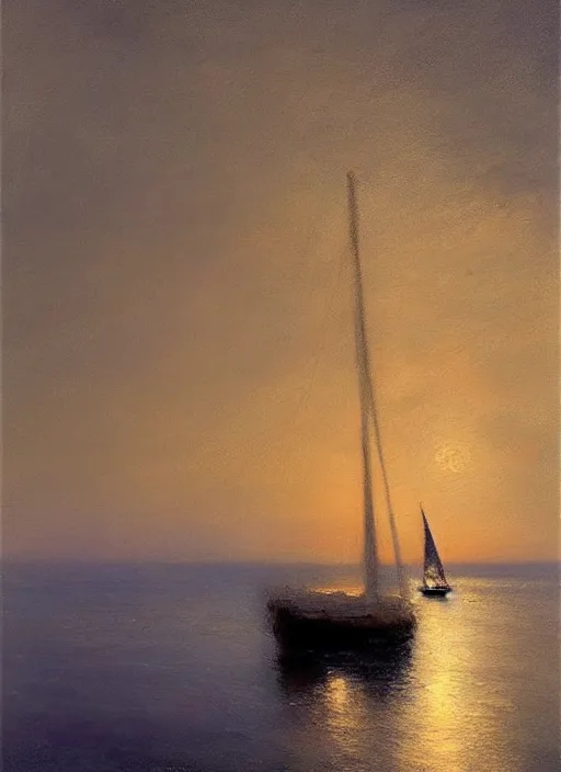 Image similar to There is a small sailboat on the dark blue sea, night view, by Vicente Romero Redondo