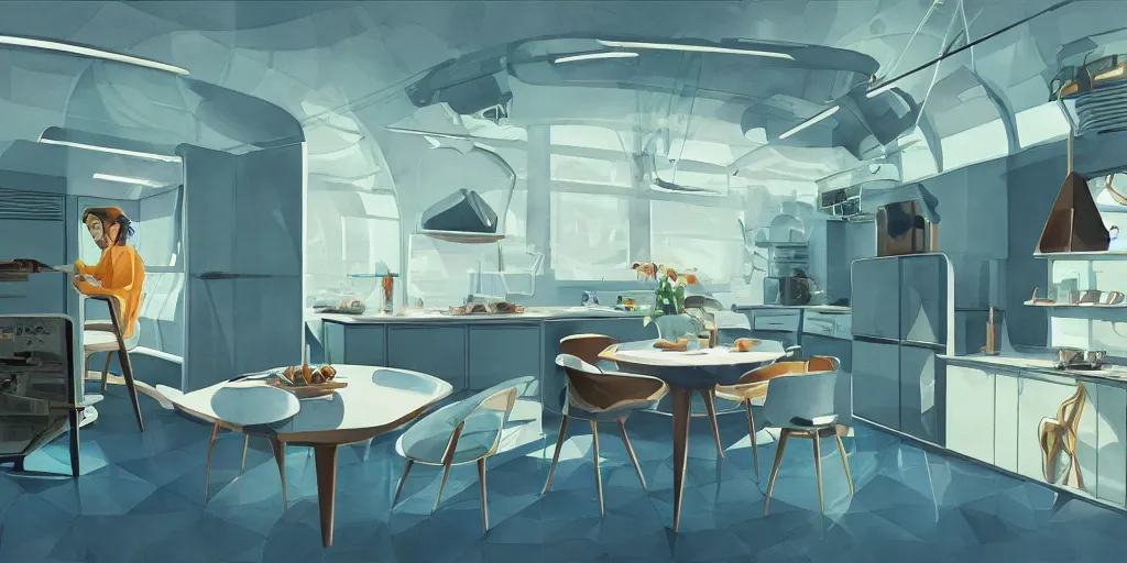 Image similar to a beautiful illustration of futuristic kitchen, lots of furniture, big medium small, sacred geometry, golden ratio, in watercolor gouache detailed paintings, in style of syd mead, trending on artstation, 8 k, panel, hard surface, wallpaper, zaha hadid, scattered props, plant, cozy, decoration, simon stalenhag, wes anderson