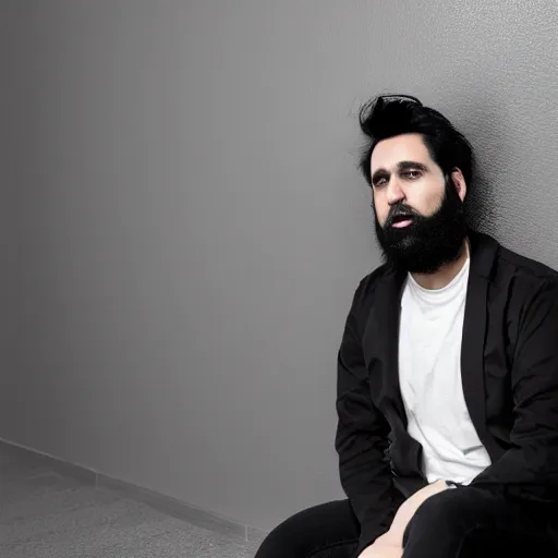 Image similar to a man with black hair and beard, wearing a black jacket, white shirt and jeans, sitting in an empty white room, devastated, rendered in unreal engine