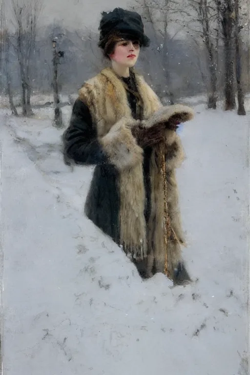 Image similar to Richard Schmid and Jeremy Lipking full length portrait painting of a young beautiful edwardian girl hold a victorian fur handwarmer standing in the snow