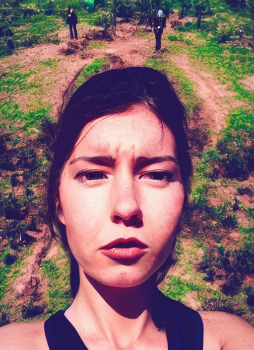 Image similar to front camera instagram selfie of a woman who is stood infront of an alien invasion of the earth, highly detailed, 4k