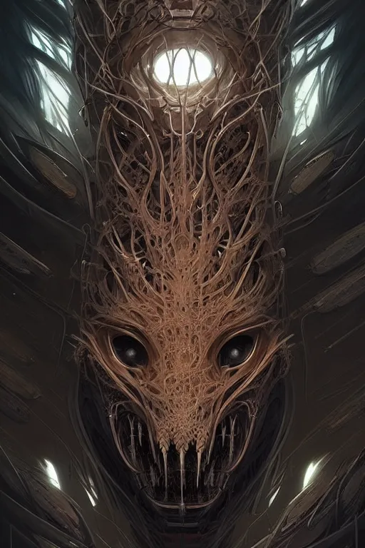 Prompt: professional concept art symmetrical portrait of a terrifying! mechanical predatory fractal! species in a dark room by artgerm and greg rutkowski. an intricate, elegant, highly detailed digital painting, concept art, smooth, sharp focus, illustration, in the style of cam sykes.