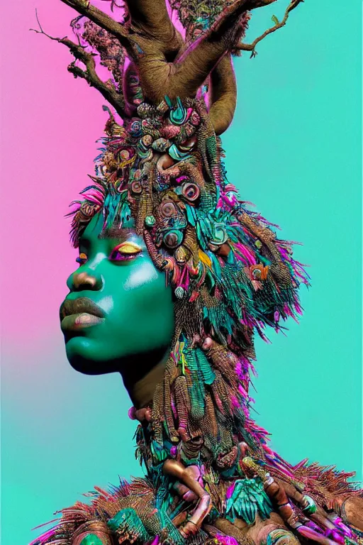 Image similar to hyperrealistic post - maximalist masterpiece super expressive! yoruba goddess with pink exoskeleton armor, merging with tree in a forest, highly detailed digital art cinematic, smooth cam de leon eric zener dramatic pearlescent soft teal light, ground angle hd 8 k, sharp focus