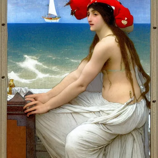 Prompt: A girl with jester hat and clothes on the front of a Balustrade with a beach and a sail boat on the background, major arcana cards, by paul delaroche, alphonse mucha and arnold böcklin arnold böcklin hyperrealistic 8k, very detailed