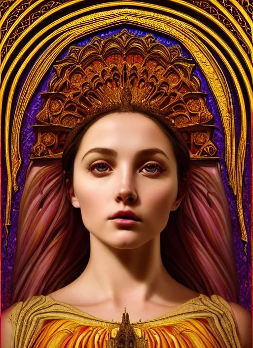 Image similar to portrait of a beautiful young goddess' face merging with a cathedral building, unusual beauty, etheric, outworldly colours, emotionally evoking symbolic metaphors, head in focus, fantasy, ornamental, intricate, elegant, highly detailed painting atyle photo, artstation, concept art, painterly, golden ratio, sharp focus, illustration, art by John William Godward and Zdzisław Beksiński, Antonio Mora,