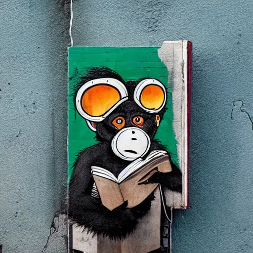 Prompt: a single Monkey reading a book, wearing a gas mask, graffiti, edge to edge, solid color background intricate, highly detailed, smooth, sharp focus, detailed face and body, high contrast, art by wrdsmth