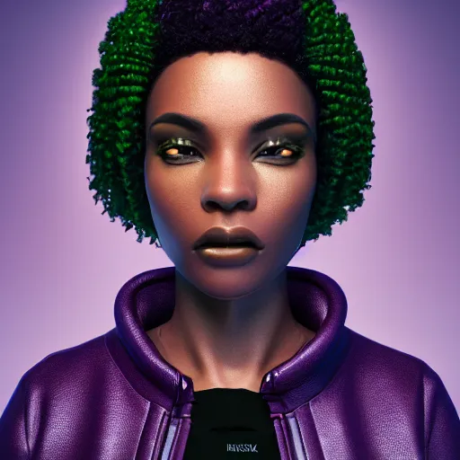 Image similar to black woman with grey bob hairstyle, purple eyes, wearing dark green bomber jacket, realistic 4 k octane beautifully detailed render, 4 k post - processing, highly detailed, intricate complexity, epic composition, magical atmosphere, cinematic lighting, masterpiece, ultra hd