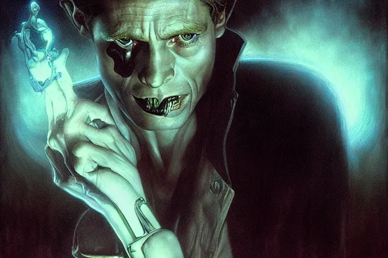 Prompt: young willem defoe in “ constantine ” ( 1 9 8 4 ) artwork, 4 k digital art, neon, 8 0's style tomasz alen kopera, peter mohrbacher, donato giancola, ilya repin, drew struzan hyperrealistic oil painting, gothic ghost horror biomechanical hell demons, frank frazetta