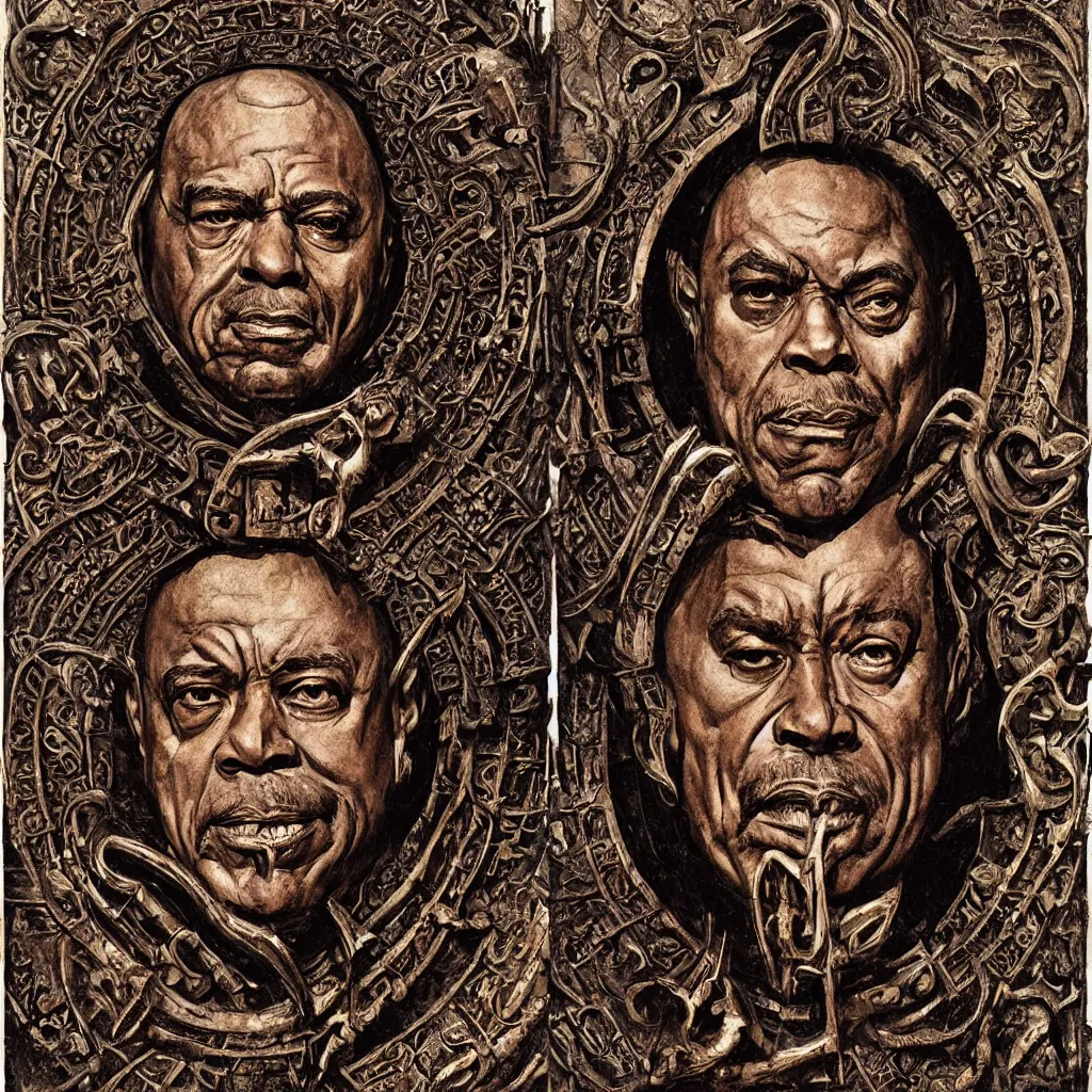 Image similar to decayed art nouveau bust portrait of James Earl Jones as Thulsa Doom in shining rune-carved armor by Kyle Hotz and Michael Golden, with rich atmospheric colors, sinister ambience, perfect mixed media illustration, accurate symmetrical anatomy details, metallic art nouveau border designs, precise machinery, perfect symmetry, sumerian, roman, egyptian, medieval, bill sienkiewicz