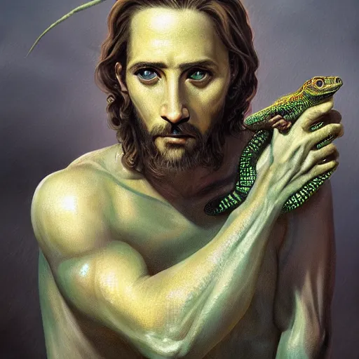 Prompt: portrait of jesus as a reptilian lizard, intricate, elegant, highly detailed, centered, grungy, digital painting, artstation, concept art, smooth, sharp focus, boris vallejo