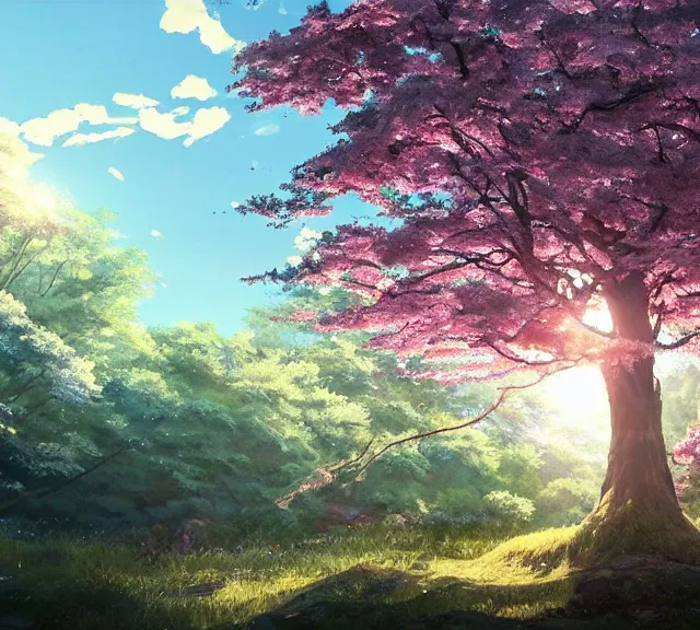 a sakura tree in a forest, sunbeams, natural lighting. | Stable 