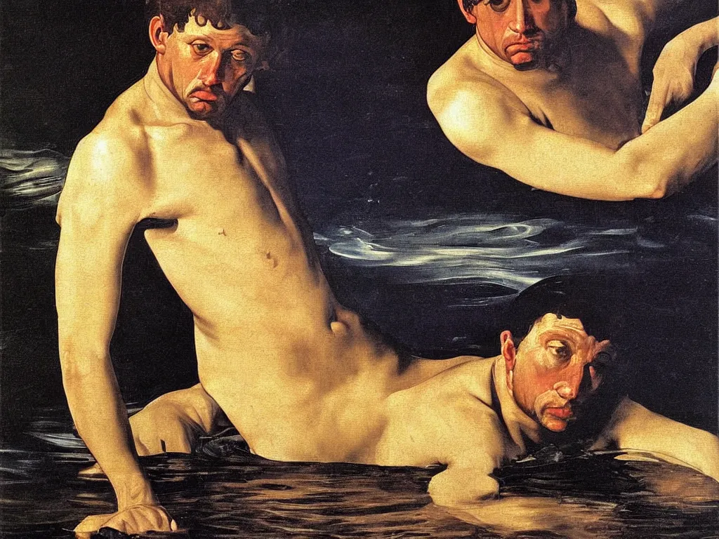 Image similar to Portrait of disturbed blue eyed man swimming in the golden water. Painting by Caravaggio