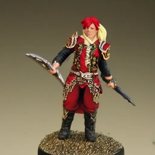 Prompt: heroic scale miniature. games workshop. human bard. platinum blonde with red streaks.