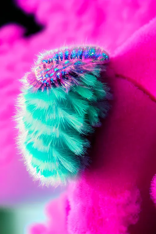 Image similar to high quality close-up photo pearlescent fluffy caterpillar! gorgeous highly detailed hannah yata elson peter cinematic pink lighting high quality low angle hd 8k sharp shallow depth of field