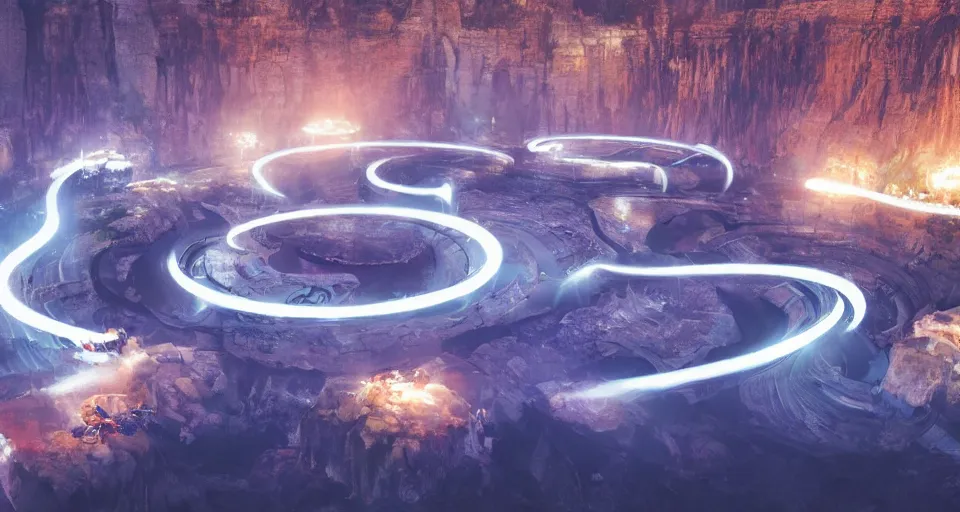 Image similar to night, a lot of people and a spiral - shaped white luminous attractor is floating in grand canyon, concept art, art for the game, professional lighting, art