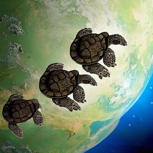 Image similar to a stack of turtles in space beneath a globe of the earth, earth globe on top