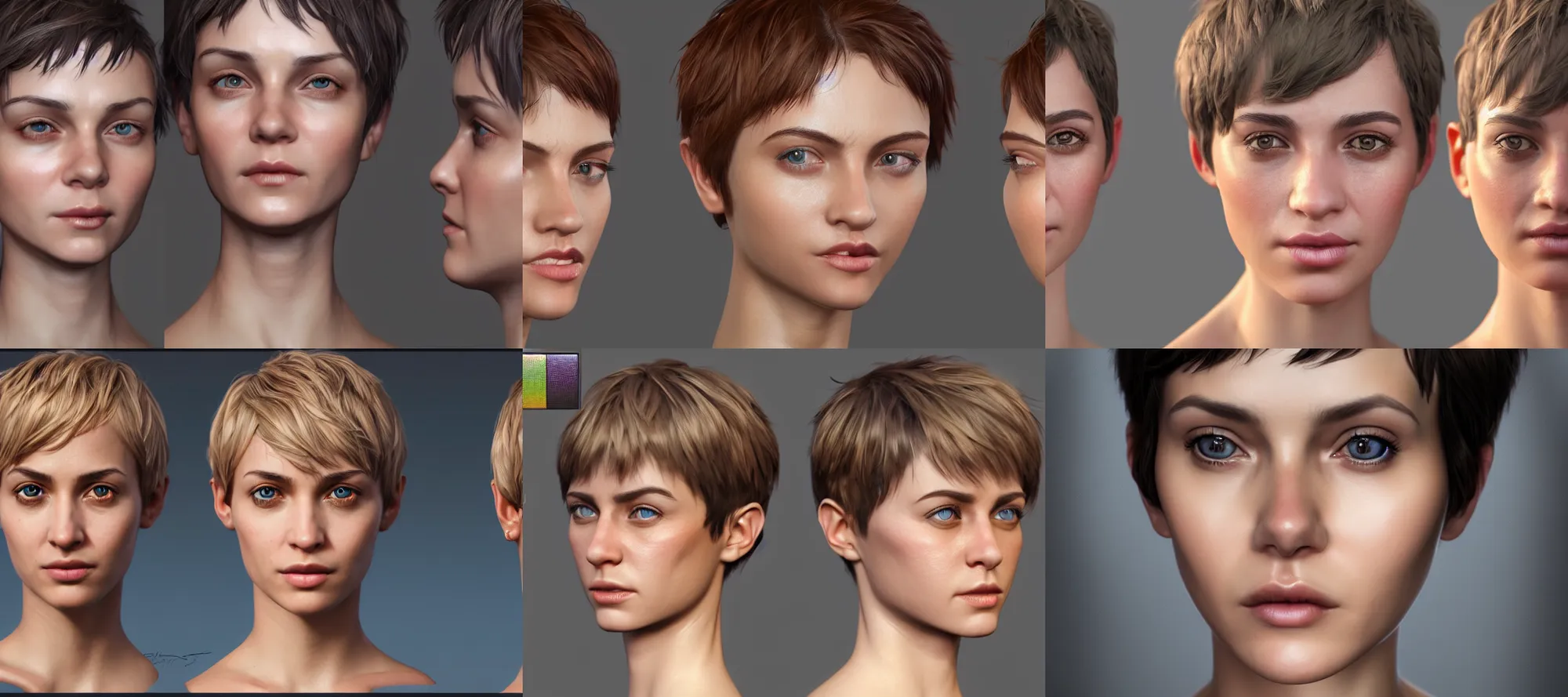 Prompt: hyper detailed substance painted 3 d headshot turnaround character portrait of a woman with a pixie cut and a realistically proportioned face, photorealistic eyes, good value control, smooth, realistic shading, realistic face details, painted texture maps, good colors, illustration, substance painter, ultra realistic, very highly detailed