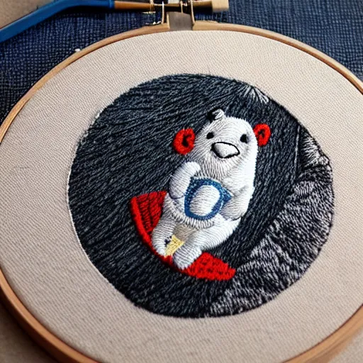 Image similar to “a baby harp seal dressed as a ninja, embroidery”