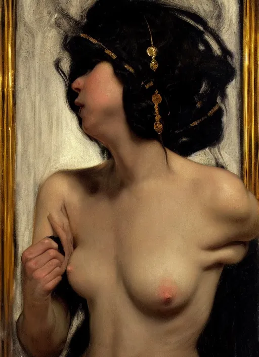 Image similar to highly detailed oil painting | very intricate | cinematic lighting | black, white and gold color scheme, dark background | a woman in black dress | by roberto ferri, by gustav moreau, by singer sargent and klimt, american romanticism, occult art | by austin osman spare, artstation, cgsociety, official art, octane