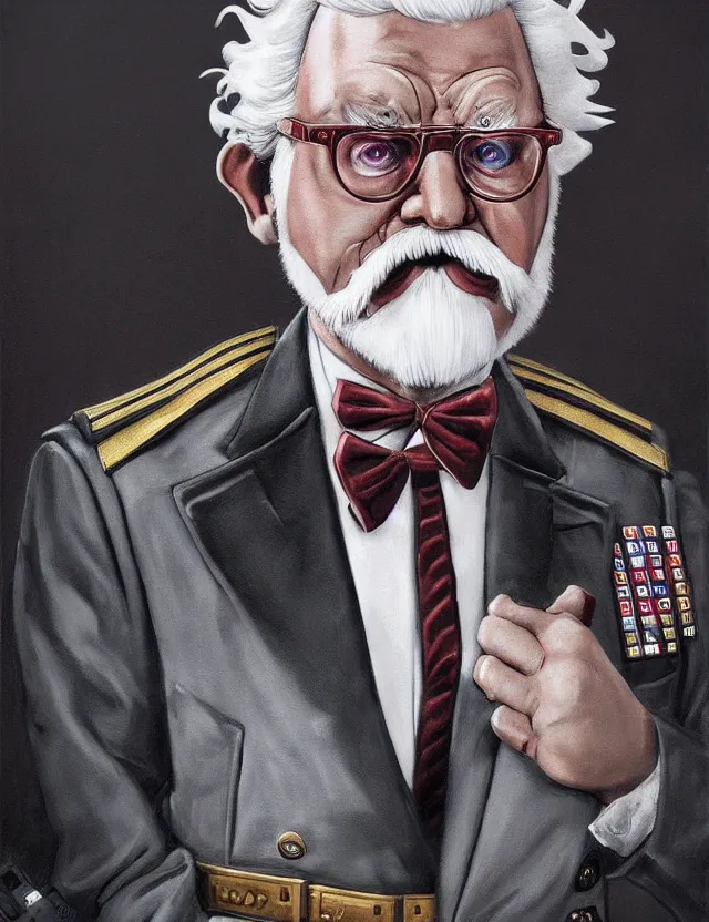 Image similar to a portrait of colonel sanders as a dictator, by moebius and tyler edlin and hr giger, trending on artstation, digital art, 4 k resolution, detailed, high quality, sharp focus, hq artwork, coherent, insane detail, concept art