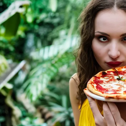 Prompt: close up portrait of beautiful woman wearing a pizza in a tropical greenhouse with an owl on her shoulder, bokeh, cinematic colors