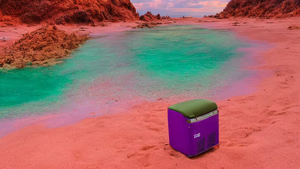 Image similar to purple refrigerator, red sand beach, green ocean, nebula sunset