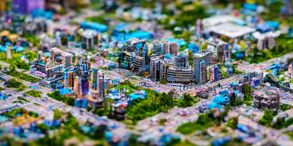 Image similar to macro photo of a miniature solarpunk city, canon 8 0 d, canon 1 0 0 mm f / 2. 8, 4 k,