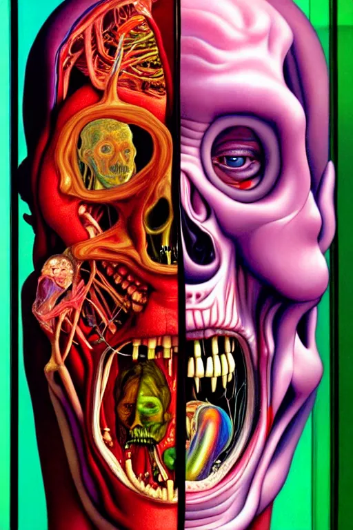 Prompt: a hyperrealistic painting of an anatomically accurate cross section of a human encased in glass, by chris cunningham, lisa frank, richard corben, highly detailed, vivid color,