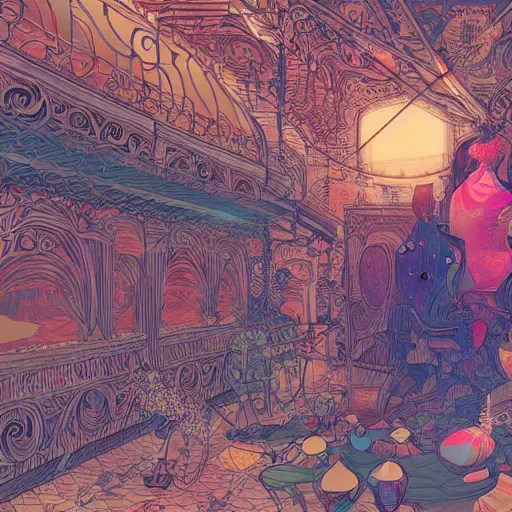 Image similar to the beautiful artist, an ultrafine detailed illustration by james jean, final fantasy, intricate linework, bright colors, behance contest winner, vanitas, angular, altermodern, unreal engine 5 highly rendered, global illumination, radiant light, detailed and intricate environment