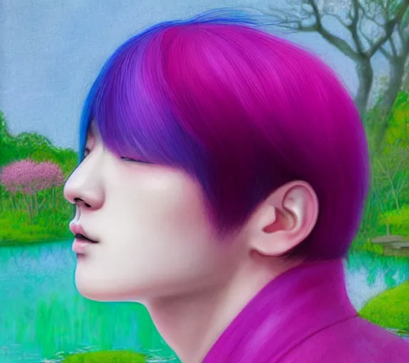 Prompt: pink haired jimin backlit staring at black haired yoongi from across a pond, by alan lee, muted colors, springtime, colorful flowers & foliage in full bloom, sunlight filtering through trees & skin, digital art, art station cfg _ scale 9