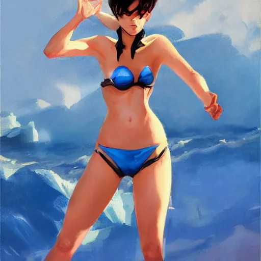 Image similar to greg manchess splashart painting of overwatch's tracer in a bikini