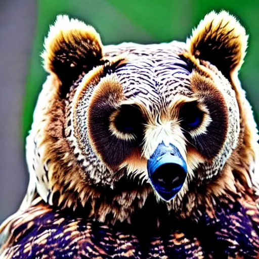 Image similar to An animal that has the body of a bear and the head of an owl, The animal has the body of a bear, with fur, the bear is brown, it's owls head has feathers, the owls face eyes are yellow , 8k, ultra realistic, professional photography