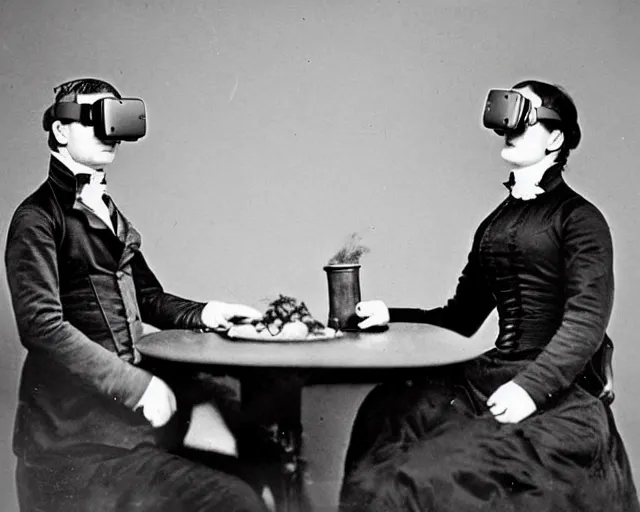 Prompt: an early 1800s photo of someone with a virtual reality headset, a tablefull of Big Macs behind them