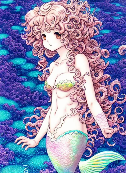 Image similar to manga of beautiful mermaid girl, curls hair, rococo ruffles dress, pastel rainbow, pearlescent, shimmering, reflective, rim light, detailed background, by takeshi obata, katsuhiro otomo, takato yamamoto, illustration, dark fantasitc, artstation, concept art, highly detailed, colorful, maximalist