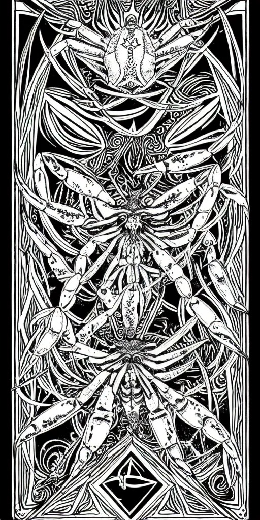 Prompt: a beautiful black and white fractal tarot card featuring bold occult imagery with clean lines. crab demon. detailed adult coloring book